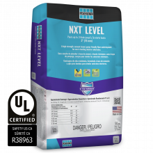 A showcase image of a purple, blue, and black LATICRETE NXT Level stood up against a white backdrop. The UL logo sits to the left of the product.
