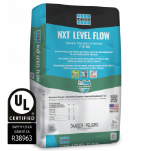 A showcase image of a green, blue, and black LATICRETE NXT Level Flow stood up against a white backdrop. The UL logo sits to the left of the product.