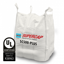 A showcase image of a white sack of LATICRETE SC500-PLUS stood up against a white backdrop. The UL logo sits to the left of the product.