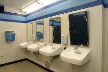Restroom with lead-free fixtures inside Cathedral Prep Events Center in Erie, PA